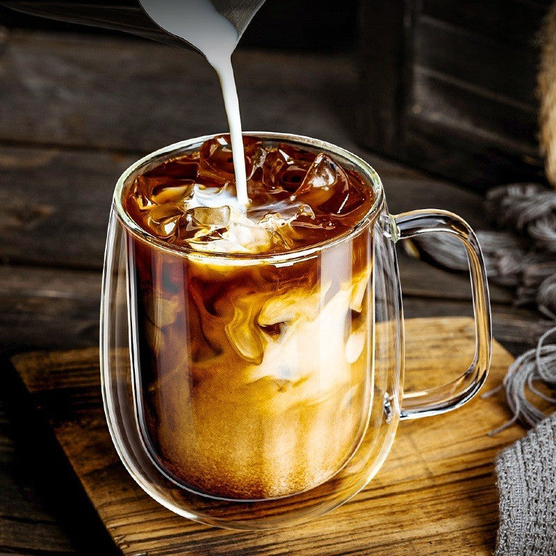 Copo de café de vidro de parede dupla com alça, copos de café expresso de vidro