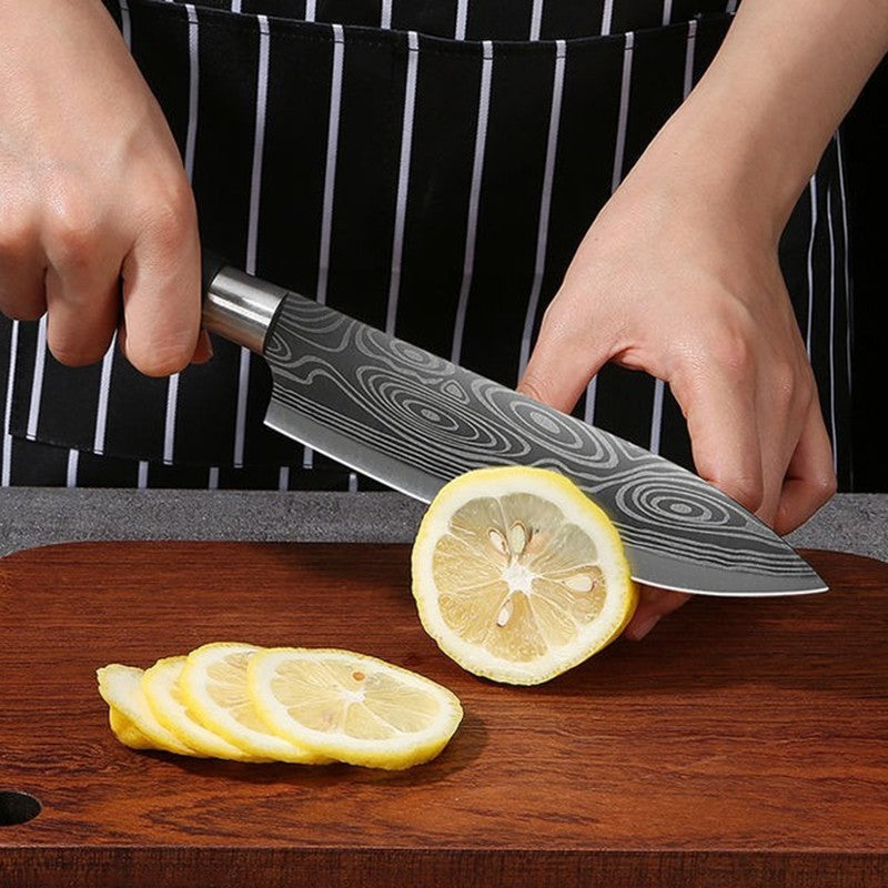 Conjunto de Facas de Cozinha Utilitárias com Padrão Damasco a Laser, Tesoura, Af