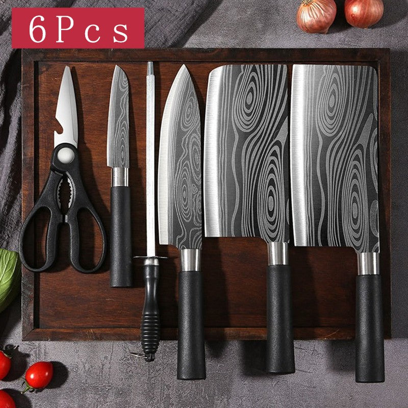 Conjunto de Facas de Cozinha Utilitárias com Padrão Damasco a Laser, Tesoura, Af