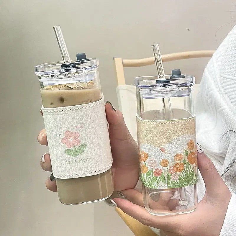 2 pçs quadrado resistente ao calor xícara de vidro café com tampa e palha transp