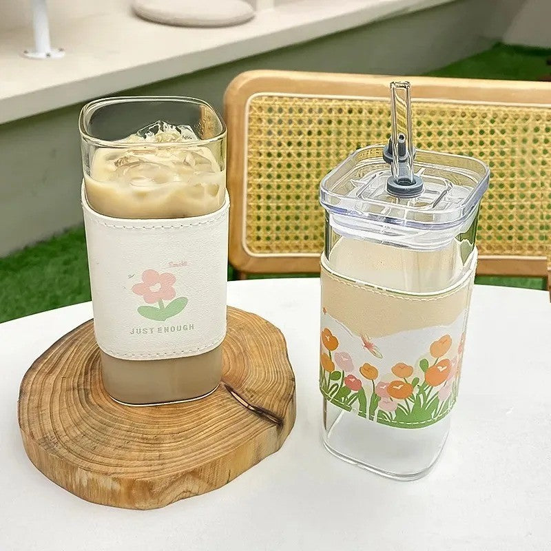 2 pçs quadrado resistente ao calor xícara de vidro café com tampa e palha transp