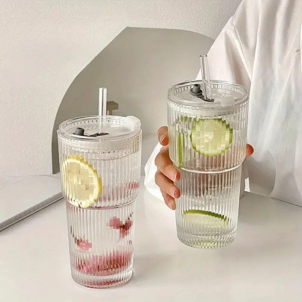 Copo de vidro listrado 600ml com tampa e canudo, copos transparentes para suco,