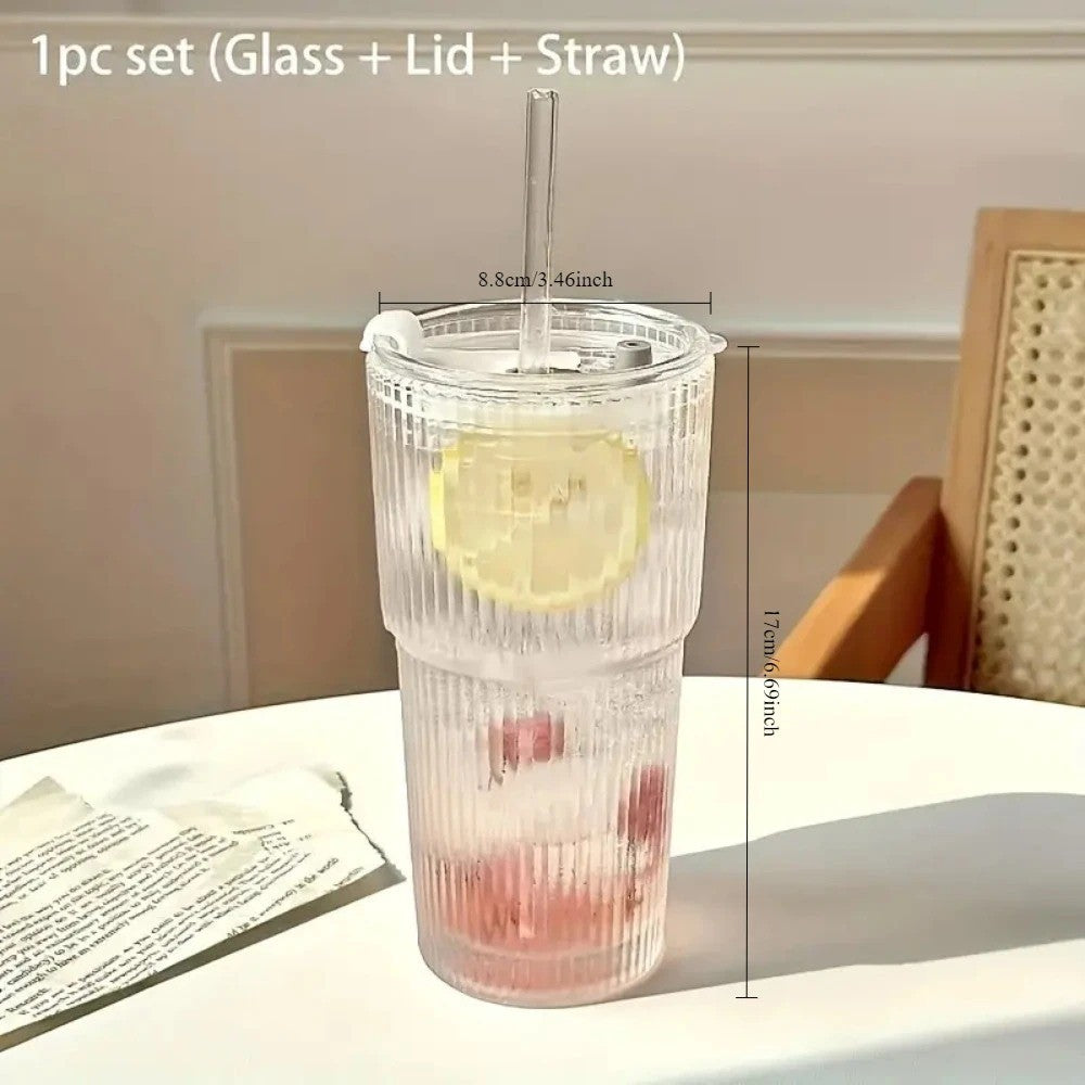 Copo de vidro listrado 600ml com tampa e canudo, copos transparentes para suco,