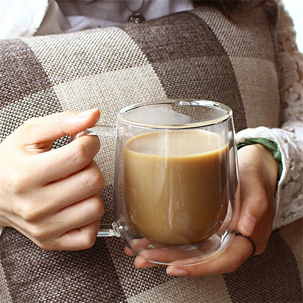 Copo de café de vidro de parede dupla com alça, copos de café expresso de vidro