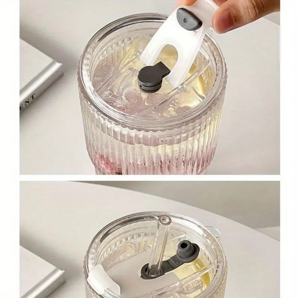 Copo de vidro listrado 600ml com tampa e canudo, copos transparentes para suco,