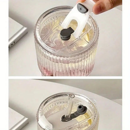 Copo de vidro listrado 600ml com tampa e canudo, copos transparentes para suco,