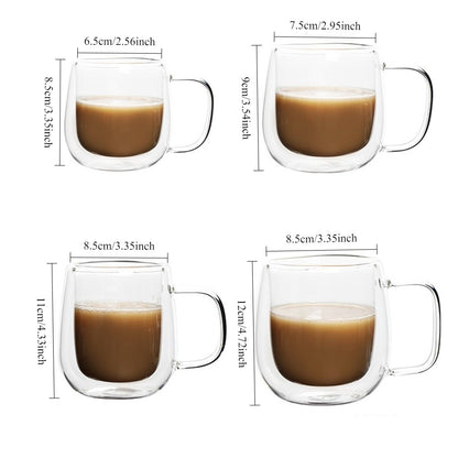Copo de café de vidro de parede dupla com alça, copos de café expresso de vidro