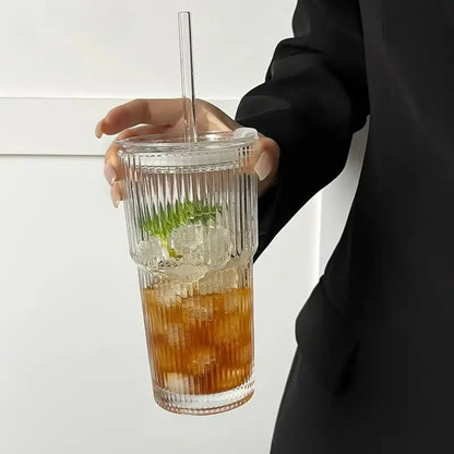 Copo de vidro listrado 600ml com tampa e canudo, copos transparentes para suco,