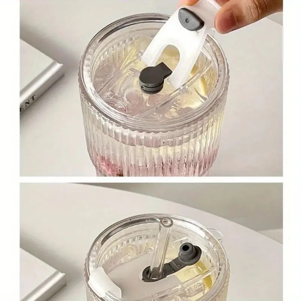 Copo de vidro listrado 600ml com tampa e canudo, copos transparentes para suco,