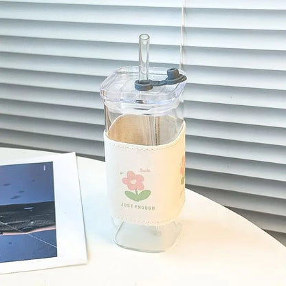 2 pçs quadrado resistente ao calor xícara de vidro café com tampa e palha transp