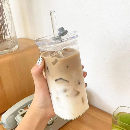 2 pçs quadrado resistente ao calor xícara de vidro café com tampa e palha transp