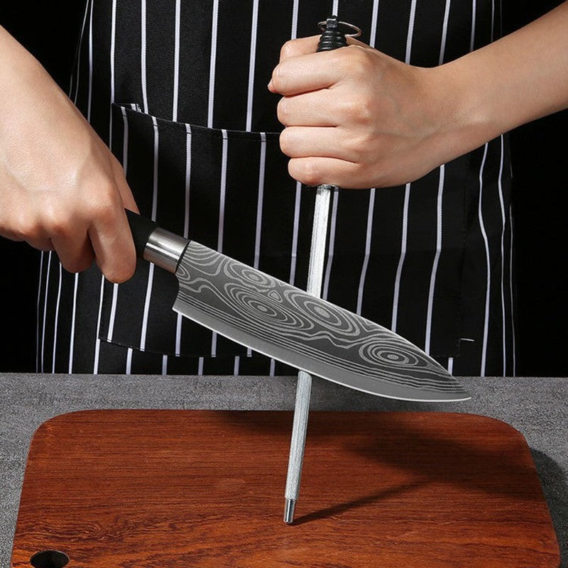 Conjunto de Facas de Cozinha Utilitárias com Padrão Damasco a Laser, Tesoura, Af