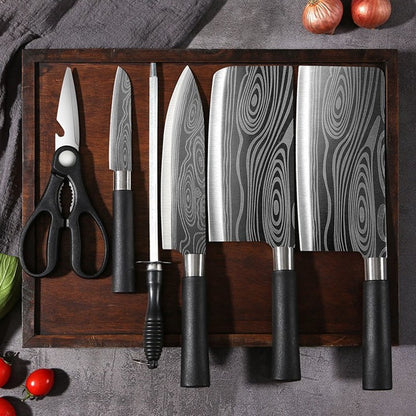 Conjunto de Facas de Cozinha Utilitárias com Padrão Damasco a Laser, Tesoura, Af