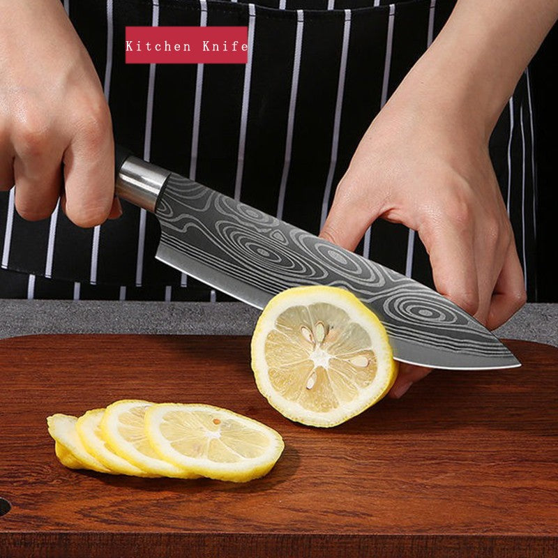 Conjunto de Facas de Cozinha Utilitárias com Padrão Damasco a Laser, Tesoura, Af