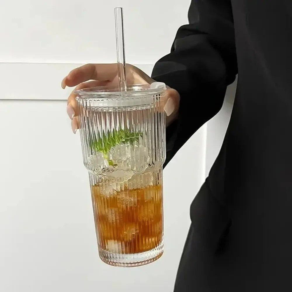 Copo de vidro listrado 600ml com tampa e canudo, copos transparentes para suco,
