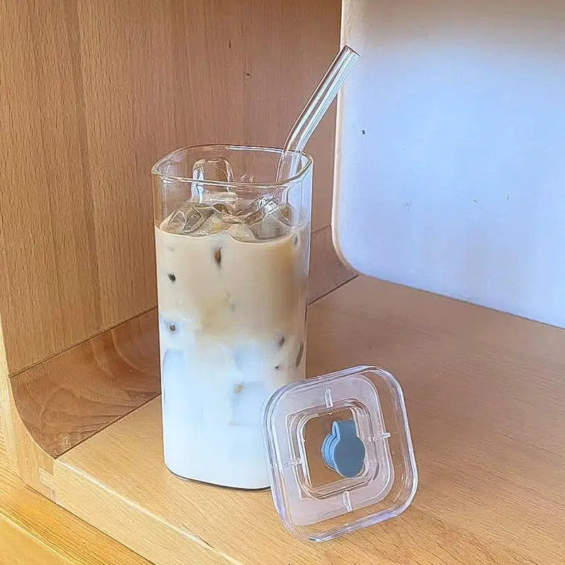 2 pçs quadrado resistente ao calor xícara de vidro café com tampa e palha transp