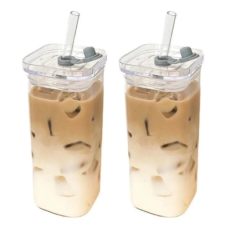 2 pçs quadrado resistente ao calor xícara de vidro café com tampa e palha transp