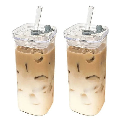 2 pçs quadrado resistente ao calor xícara de vidro café com tampa e palha transp
