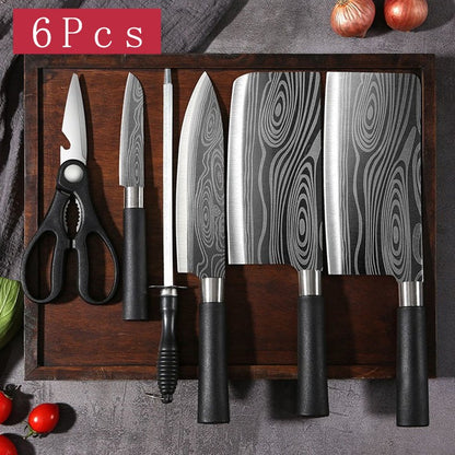 Conjunto de Facas de Cozinha Utilitárias com Padrão Damasco a Laser, Tesoura, Af
