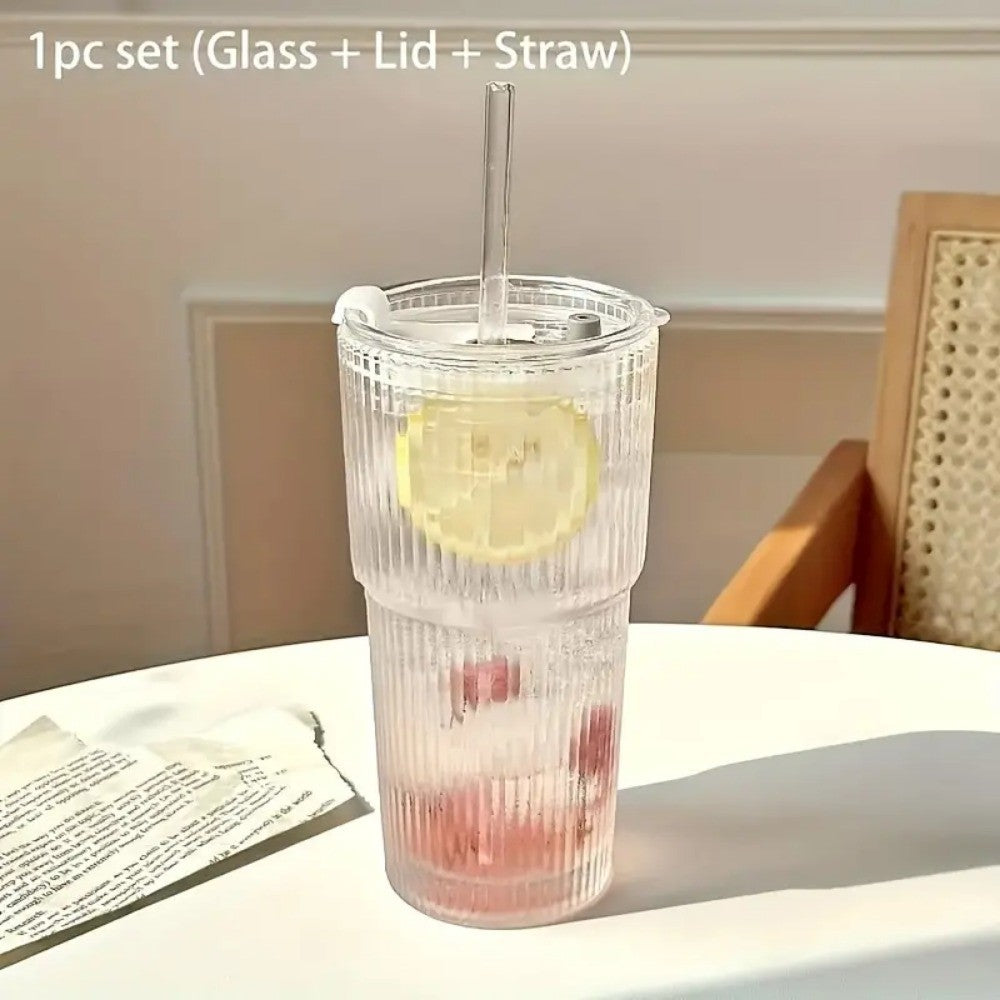 Copo de vidro listrado 600ml com tampa e canudo, copos transparentes para suco,