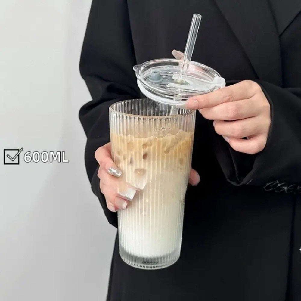Copo de vidro listrado 600ml com tampa e canudo, copos transparentes para suco,