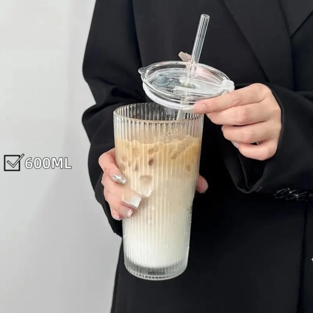 Copo de vidro listrado 600ml com tampa e canudo, copos transparentes para suco,
