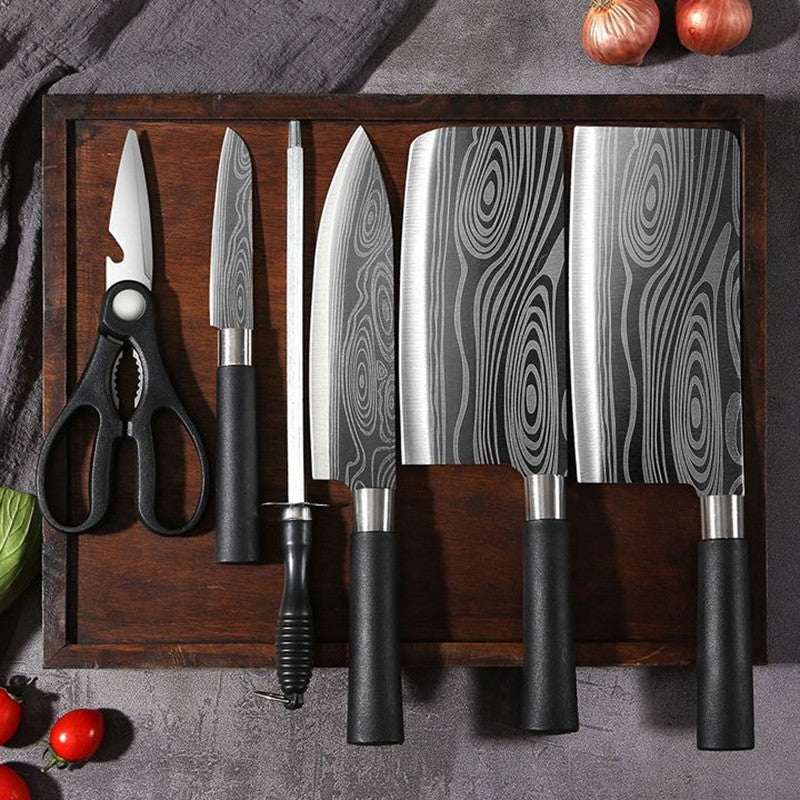 Conjunto de Facas de Cozinha Utilitárias com Padrão Damasco a Laser, Tesoura, Af