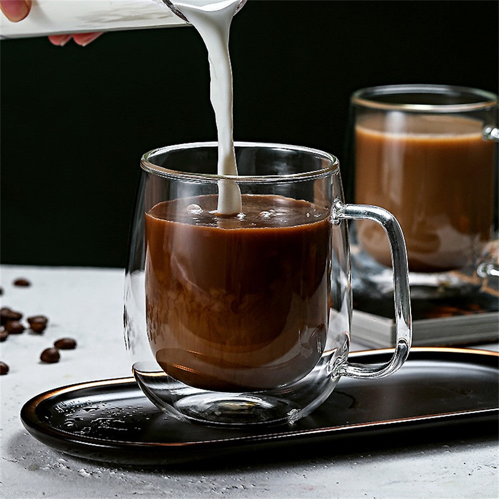Copo de café de vidro de parede dupla com alça, copos de café expresso de vidro