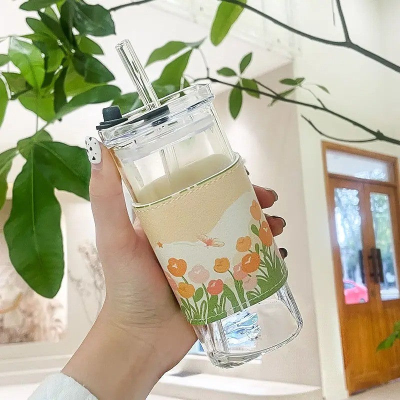 2 pçs quadrado resistente ao calor xícara de vidro café com tampa e palha transp